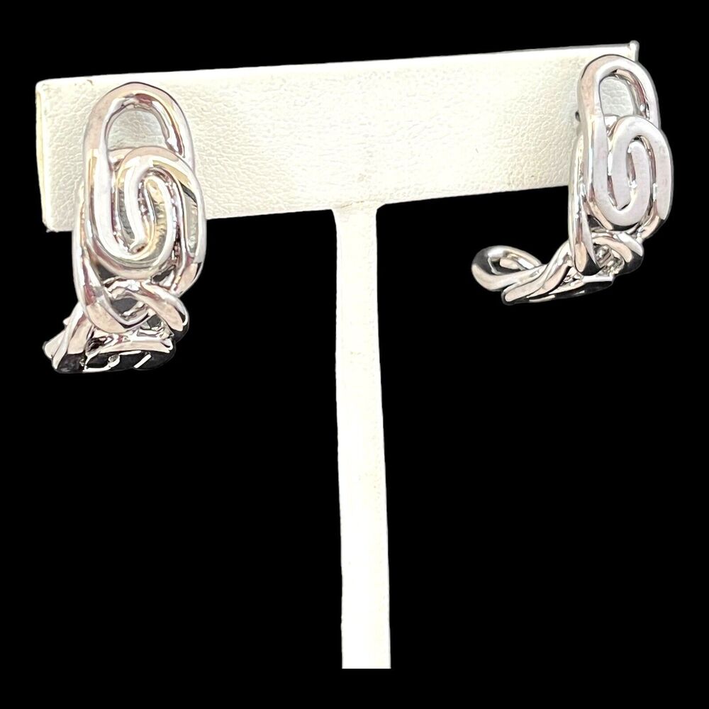 Vintage 1980s Silver Tone Earrings Sculptural Link Design - 2X